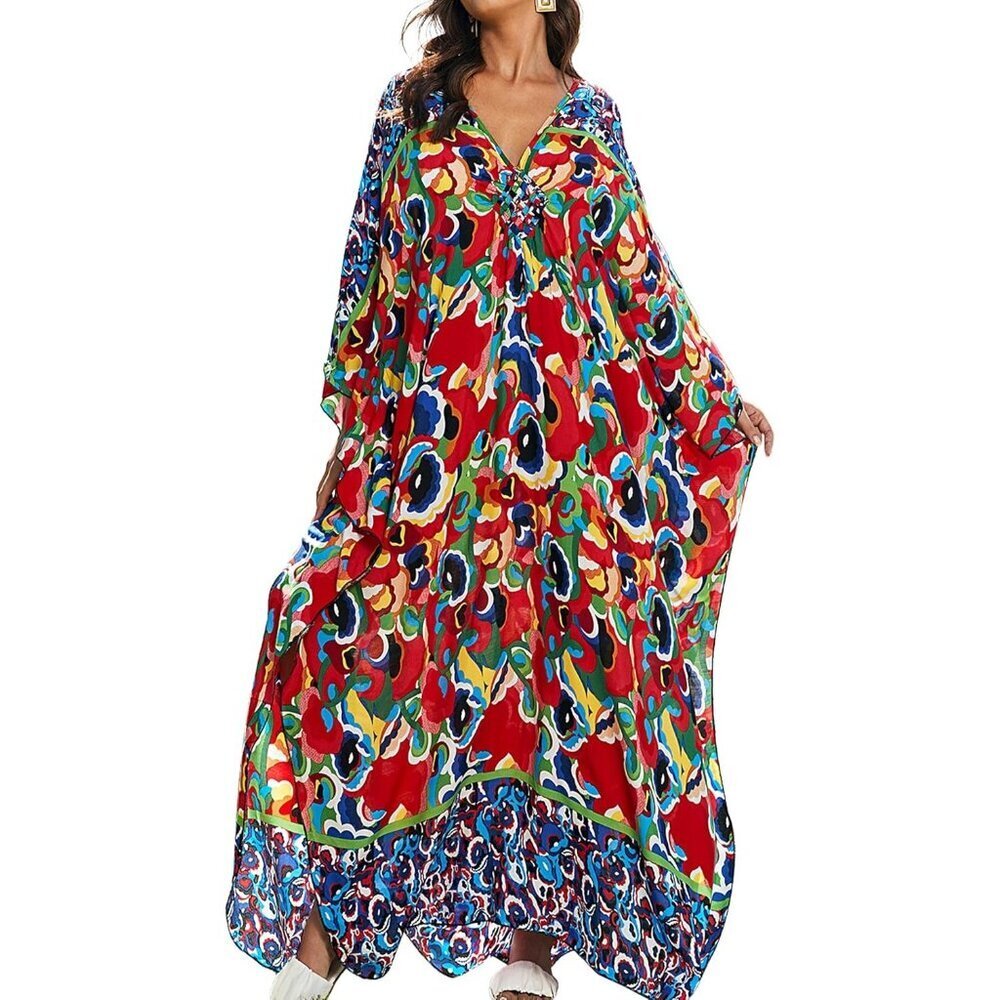 Women's Red Splatter V-neck Batwing Sleeve Flowy Split Hem Bohemian Kaftan Dress